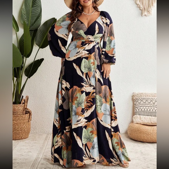 Plus Size Plunge V Neck Floral Tropical Print High Slit Long Sleeve Maxi Dress - Picture 12 of 12